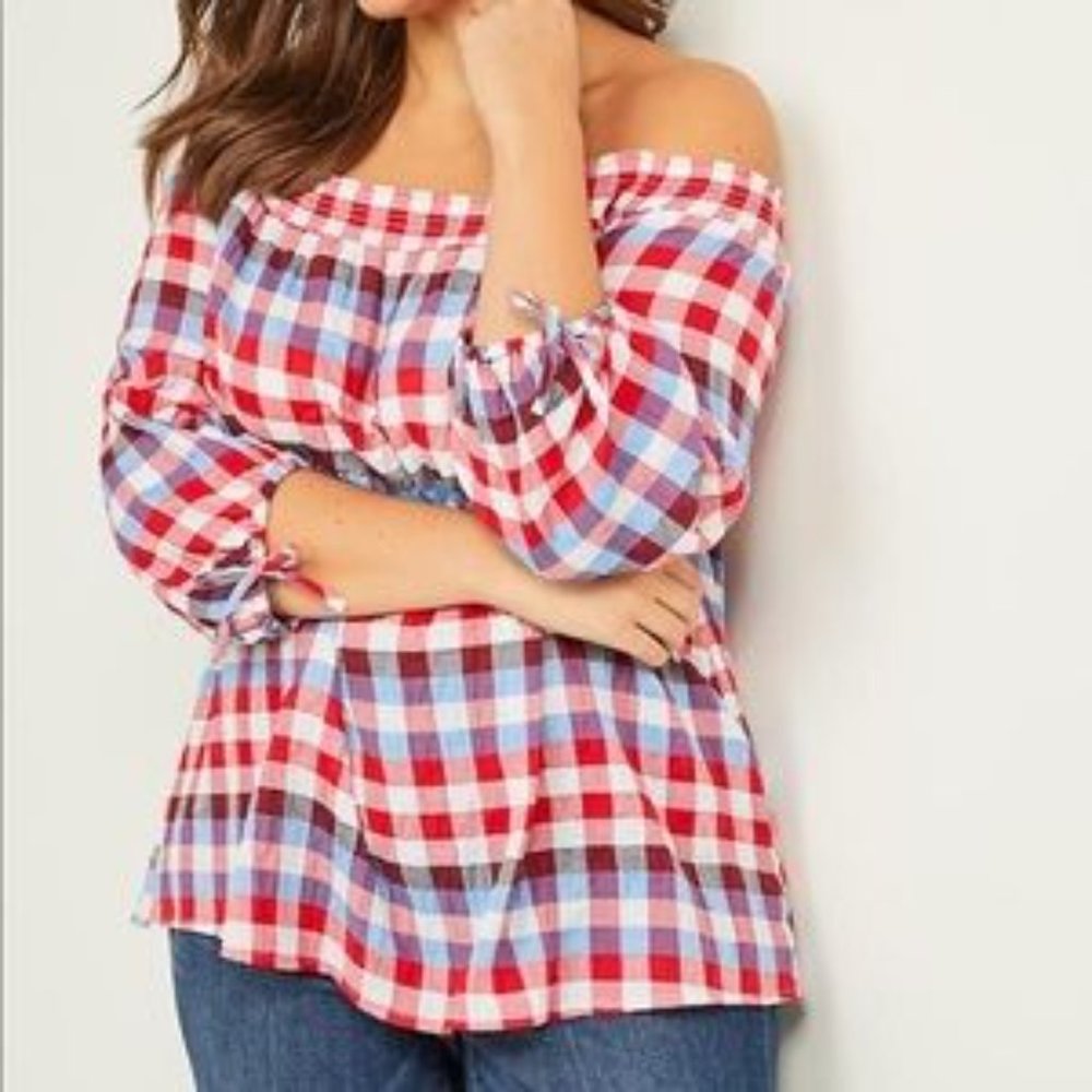 Lane Bryant Crinkle Off The‎ Shoulder Plaid Blouse Patriotic USA 22/24 Plus